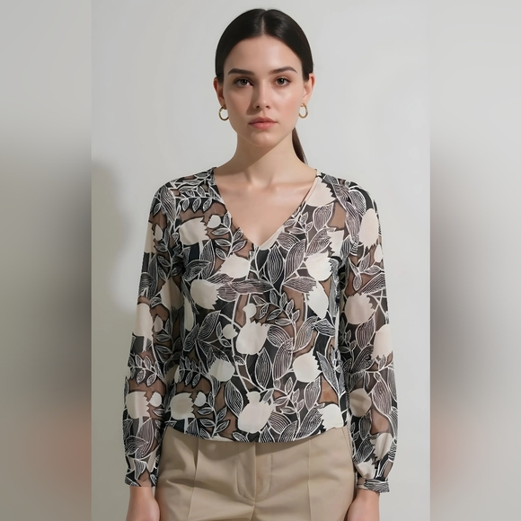 Ella Moss Black and Cream Floral Blouse Sz XS New With Tag 100% Silk - Picture 1 of 7
